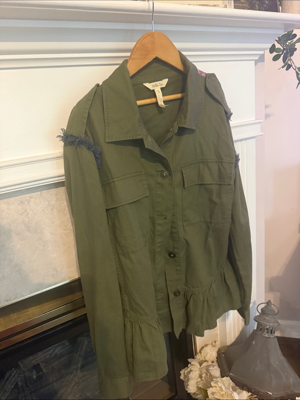 Matilda Jane Olive Green Utility Jacket with Frayed Shoulder Accents